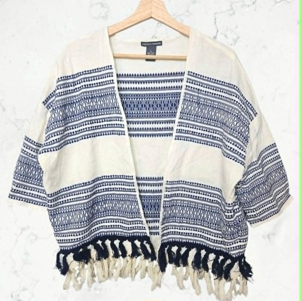 Chelsea & Theodore 100% Cotton White & Blue Boho Fringe Cardigan Top